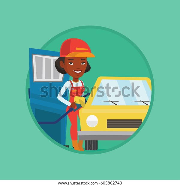 African-american gas station worker filling up\
fuel into the car. Gas station worker in workwear. Gas station\
worker refueling car. Vector flat design illustration in the circle\
isolated on\
background