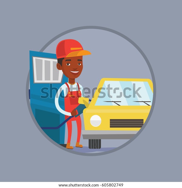 African-american gas station worker filling up\
fuel into the car. Gas station worker in workwear. Gas station\
worker refueling car. Vector flat design illustration in the circle\
isolated on\
background