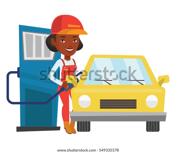 African-american gas station worker refueling\
a car. Gas station worker filling up fuel into car. Worker in\
workwear at the gas station. Vector flat design illustration\
isolated on white\
background.