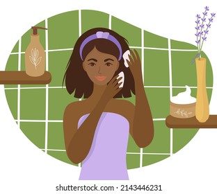 African-American girl in the bathroom applies hair care. On the shelves cosmetics and cream in jars and tubes, a beautiful flower for mood. Vector illustration of morning self-care.