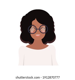 African-American girl with glasses. A dark-skinned cute girl with black curly hair. Cartoon style. Vector illustration. Isolated on white background.