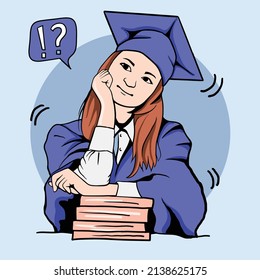 African-American girl graduating with a graduation coat and academic square hat. Vector illustration