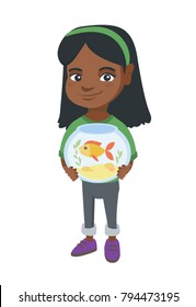 African-american girl holding aquarium with goldfish. Full length of smiling little girl holding bowl with pet fish. Vector sketch cartoon illustration isolated on white background.