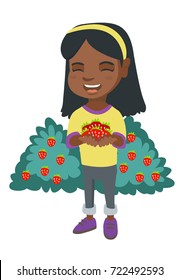 African-american girl holding the berries of fresh strawberries in her hands. Little cheerful girl with handful of strawberries. Vector sketch cartoon illustration isolated on white background.