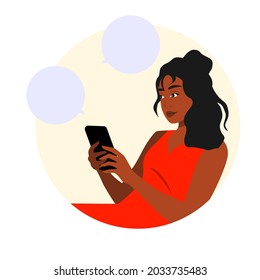 An African-American girl holds a mobile phone. Online communication. Flat vector illustration.