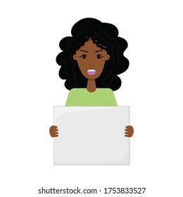 An African-American girl holds a placard. Concept of demonstration, movement against racism. for women's freedom. Space for your text. Isolated vector illustration.