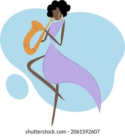 An African-American girl in a lilac dress plays the saxophone on a blue background