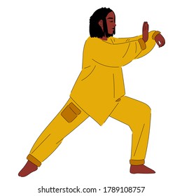 
African-American girl practices Tai chi, Qigong concept. Calmness and relax, woman happiness. Flat design cartoon character. Isolated on white