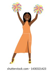 African-American girl smiling. Hands up with the POM-poms. Support group. Cheerleader.