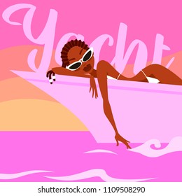 African-american girl tanning on the yacht.
Woman resting during summer trip on the yacht. Vector cartoon vintage illustration. Square layout.