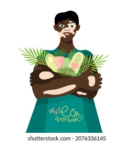 Сharacter AfricanAmerican girl vitiligo skin isolated background. Woman holds hands personal hygiene items menstrual period. Lettering calligraphy, best eco friendly woman.