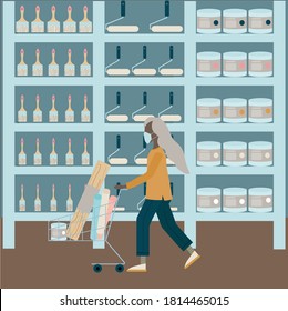 An African-American girl walks through a hardware store. Renovation in the house. Building materials for housing. Wallpaper, paint, new floors. The illustration is made in vector.