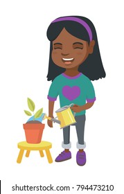 African-american girl watering plant with a watering can. Little laughing girl watering a flower growing in a pot. Vector sketch cartoon illustration isolated on white background.