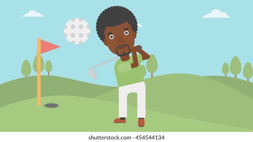 An african-american golfer with the beard hitting the ball. Professional golfer on golf course. Young man playing golf. Vector flat design illustration. Horizontal layout.