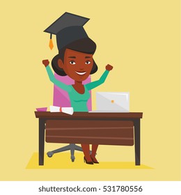 African-american graduate sitting at the table with laptop and diploma. Graduate in graduation cap using laptop for education. Online graduation concept. Vector flat design illustration. Square layout