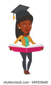 African-american graduate standing with a big open book in hands. Graduate in graduation cap reading a book. Graduate holding a book. Vector flat design illustration isolated on white background.