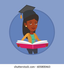 African-american graduate standing with a big open book in hands. Student in graduation cap reading a book. Student holding a book. Vector flat design illustration in the circle isolated on background