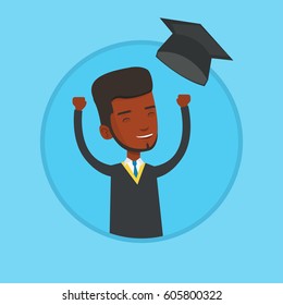 African-american graduate throwing up hat. Excited graduate in cloak and graduation hat. Graduate with hands raised celebrating. Vector flat design illustration in the circle isolated on background.