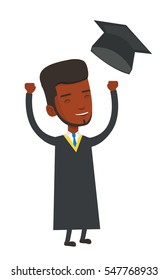 African-american graduate throwing up his hat. Excited graduate in cloak and graduation hat. Happy graduate with hands raised celebrating. Vector flat design illustration isolated on white background.