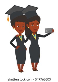 African-american graduates making selfie. Graduates in cloaks and graduation caps making selfie. Graduates making selfie with cellphone. Vector flat design illustration isolated on white background.