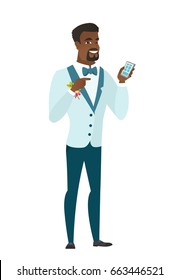 African-american groom holding a mobile phone and pointing at it. Full length of groom with a mobile phone. Groom using a mobile phone. Vector flat design illustration isolated on white background.