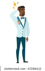 African-american groom with lightning over head. Full length of groom with lightning. Confident groom bridegroom standing under lightning. Vector flat design illustration isolated on white background.