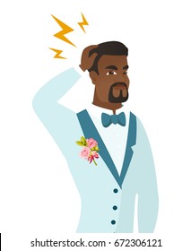 African-american groom with lightning over his head. Young groom standing under lightning. Vector flat design illustration isolated on white background.