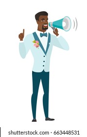 African-american groom with a megaphone making an announcement. Groom making an announcement through megaphone. Concept of announcement. Vector flat design illustration isolated on white background.
