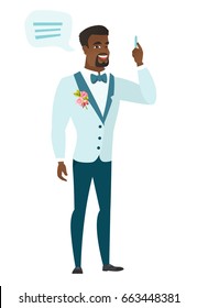 African-american groom with a speech bubble. Full length of young groom giving a speech. Goom with a speech bubble coming out of his head. Vector flat design illustration isolated on white background.