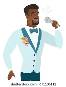 African-american groom in a wedding suit singing to the microphone. Young groom singing with closed eyes. Happy groom singing to the mic. Vector flat design illustration isolated on white background.