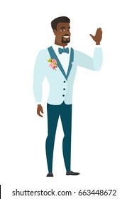 African-american groom in a wedding suit waving hand. Full length of groom waving his hand. Groom making greeting gesture - waving hand. Vector flat design illustration isolated on white background.