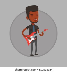 African-american guitarist playing electric guitar. Man practicing in playing guitar. Guitarist with closed eyes playing on guitar. Vector flat design illustration in the circle isolated on background
