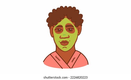 African-American guy in a green moisturizing face mask. Beauty treatments for men. Vector illustration