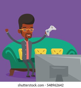 African-american guy playing video game. Excited young man with console in hands playing video game at home. Man celebrating his victory in video game. Vector flat design illustration. Square layout.
