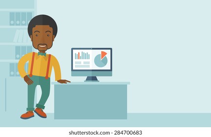 An african-american guy standing  while presenting a graph in business from his computer inside his office. Leadership concept. A contemporary style with pastel palette soft blue tinted background