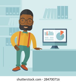 An african-american guy standing  while presenting a graph in business from his computer inside his office. Leadership concept. A contemporary style with pastel palette soft blue tinted background