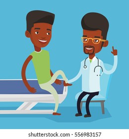 African-american gym doctor checking ankle of a patient. Physio therapist examining leg of sportsman. Physio therapist giving a leg massage to patient. Vector flat design illustration. Square layout.