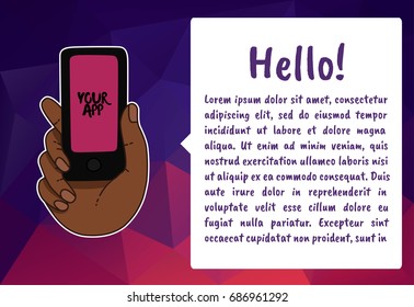 African-American hand holds and showing a mobile phone screen. Vector illustration for banner, presentations, banner, workshop or hackathon. The bubble with the text.