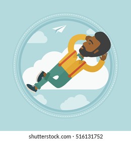 An african-american happy businessman lying on a cloud and looking at flying paper plane. Carefree businessman relaxing on cloud. Vector flat design illustration in the circle isolated on background.
