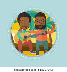 African-american happy friends sitting on a log and playing a guitar. Two cheerful friends playing a guitar on the tropical beach. Vector flat design illustration in the circle isolated on background.