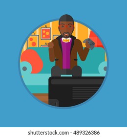 African-american happy gamer playing video game on the television. An excited man with console in hands playing video game at home. Vector flat design illustration in the circle isolated on background