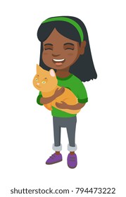 African-american happy girl holding a cat. Full length of cheerful little girl with a cat in her hands. Vector sketch cartoon illustration isolated on white background.