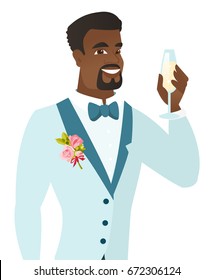African-american happy groom holding a glass of champagne. Young delighted groom saying a toast with a glass of champagne in hand. Vector flat design illustration isolated on white background.