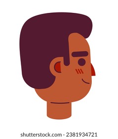 African-american happy guy side view 2D vector avatar illustration. Relaxed black man cartoon character face. Millennial male portrait. Feeling content flat color user profile image isolated on white
