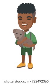 African-american happy smiling boy holding a small dog. Full length of cheerful little boy with a dog in his hands. Vector sketch cartoon illustration isolated on white background.