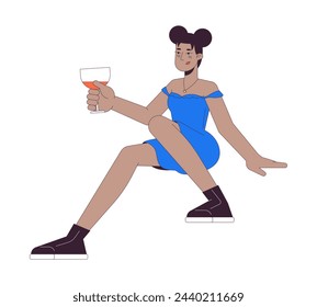 African-american happy woman wineglass 2D linear cartoon character. Wine glass holding black female isolated line vector person white background. Cocktail drinking color flat spot illustration