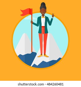 An african-american happy young business woman holding a red flag on the top of the mountain. Cheerful winner and leader concept. Vector flat design illustration in the circle isolated on background.