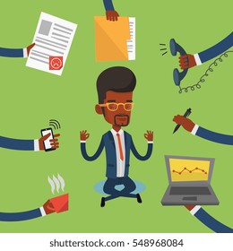 An african-american hard working businessman. Businessman surrounded by many hands that give him a lot of work. Concept of hard working. Vector flat design illustration. Square layout.