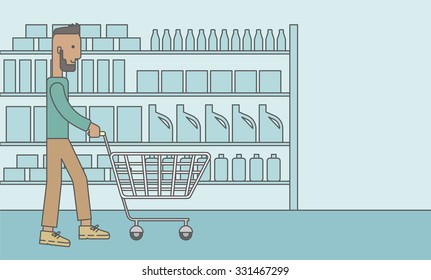 An african-american hipster man with beard pushing an empty cart in supermarket. Vector line design illustration. Horizontal layout with a text space for a social media post.