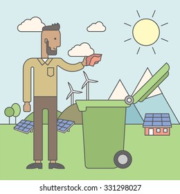 An african-american hipster man with beard puts a trash into a green bin. Vector line design illustration. Square layout.
